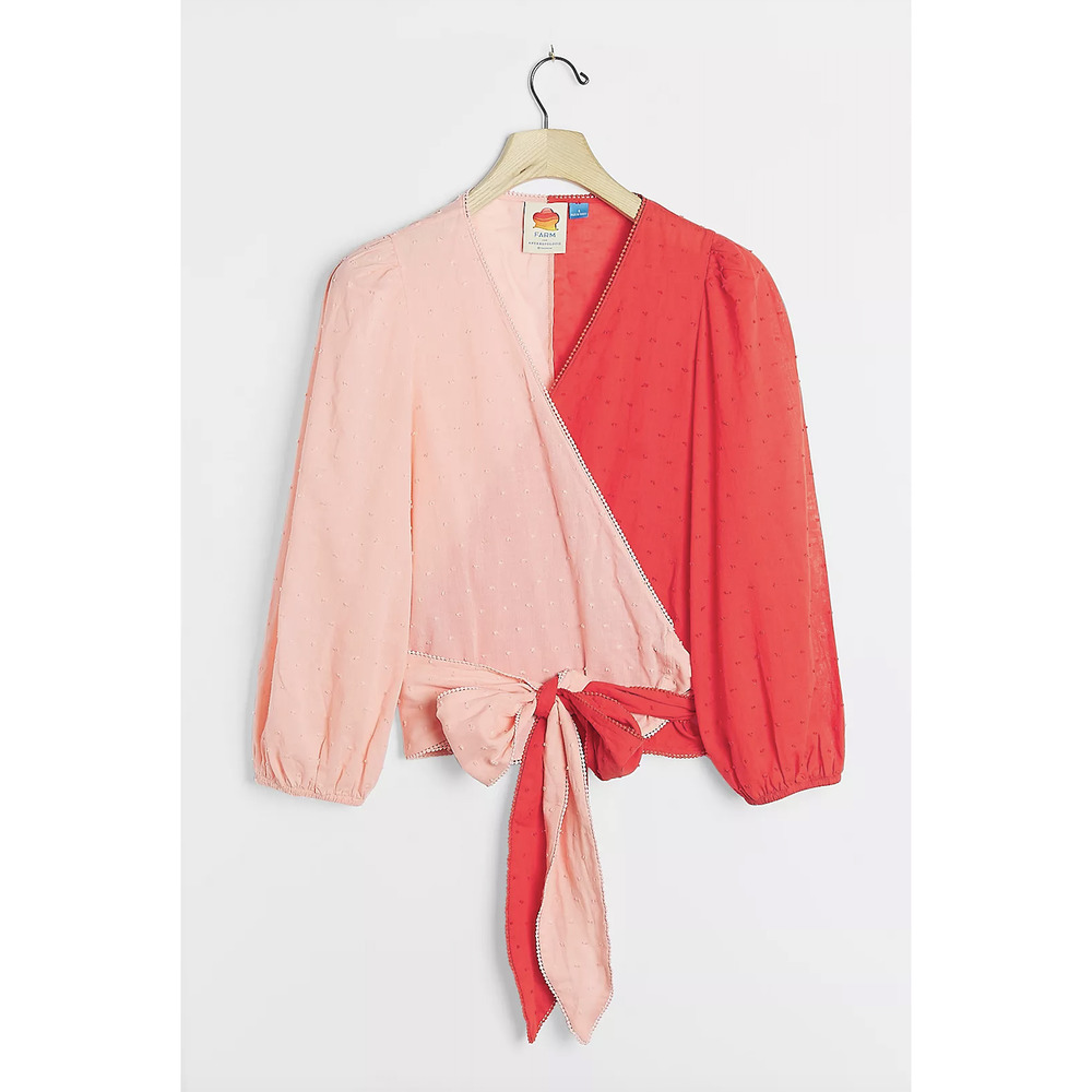 Farm Rio Red and Pink Color Block Wrap Long Sleeve Blouse